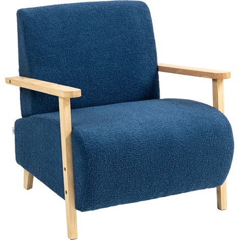 HOMCOM sillón nórdico butaca de salón tapizado en borreguito con reposabrazos de madera acolchado grueso y patas de madera para dormitorio azul