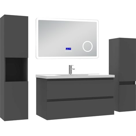 Ocean ensemble meuble 100 cm anthracite avec 2 tiroirs à fermeture automatique, lavabo céramique + miroir salle de bain Bluetooth + 2 colonnes, suspendu (1/5)