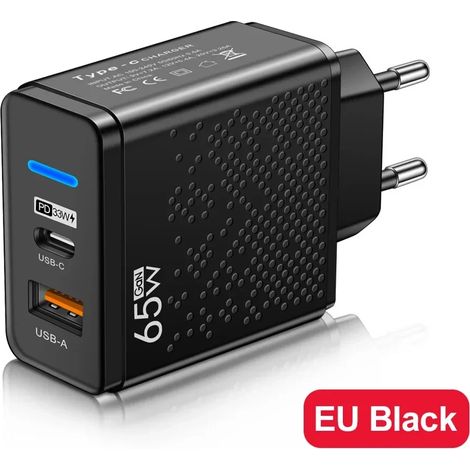 Chargeur rapide 65 W avec prises multiples USB PD et adaptateur secteur Type C pour iPhone, Xiaomi et Samsung (normes US et EU 2023) (1/5)