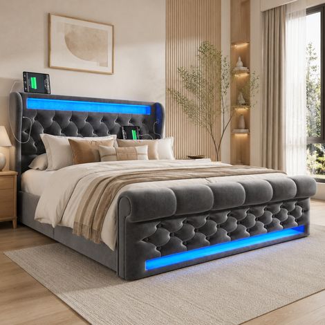 Cama tapizada 140x190 cm gris de terciopelo con LED, puertos USB-C y arcón hidráulico (1/5)