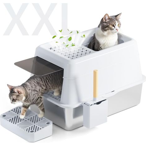 Lettiera per gatti XXL in acciaio inox da 26 litri con coperchio, 60x40x40 cm, bianca. (1/5)
