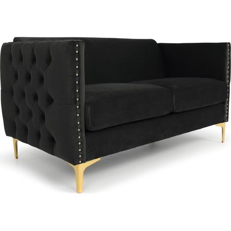 Cotecosy – Canapé droit 2 places capitonné en velours noir – Profonde assise moelleuse – Pieds dorés en métal – Dimensions L145 x P70 x H74 cm (1/5)