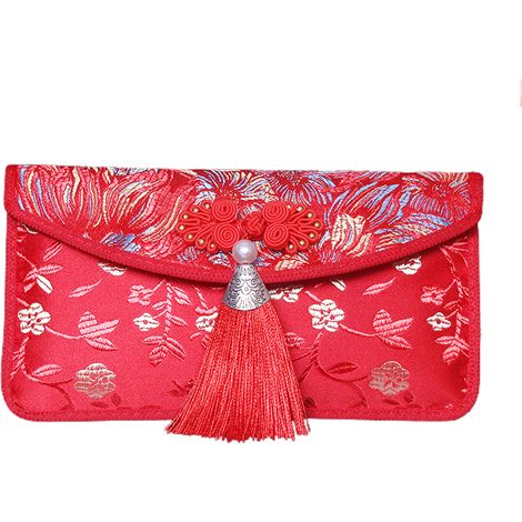 Enveloppe rouge en soie, argent porte-bonheur de poche chinois, pour Festival de printemps, mariage, nouvel an, anniversaire, perles de feux d'artifice (1/5)