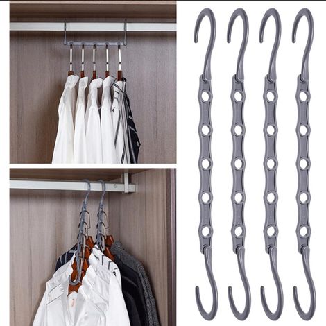 Lot de 4 cintres magiques en plastique gris, 5 trous, pivotants, gain de place pour rangement et organisation optimale (1/5)
