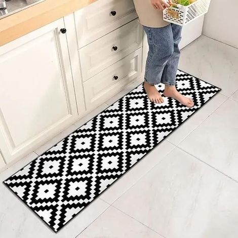 Tapis de cuisine - Devant évier - 50 x 160 cm - Antidérapant - Noir/Blanc motifs géométriques