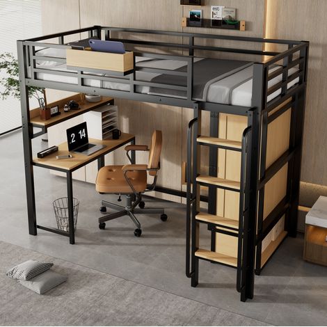 Letto a soppalco 90x200 cm con scrivania, armadio 2 ante e ripiani, nero/naturale DESVIAE (1/5)
