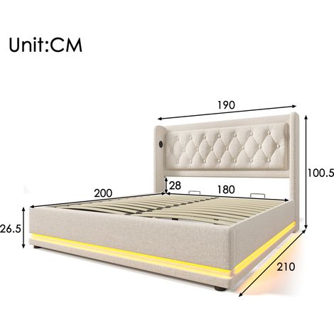 Lit double rembourré 180200 cm, matériau coton beige, lit hydraulique, tête de lit rembourrée avec fonction de charge USB type C, fonction LED à trois faces (sans matelas)