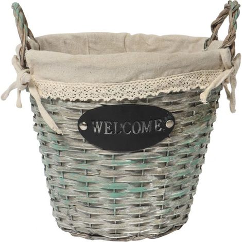 Cesta de mimbre con asas, inserto de lino y cartel decorativo de bienvenida (gris) (1/3)