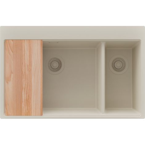 PRIMAGRAN Evier Cuisine en Granit 78x50cm,Lavabo 2 bacs + Kit de Vidage + Planche à Découper, Évier à Encastrer au meuble 80cm - Oslo Duo, Beige (1/5)