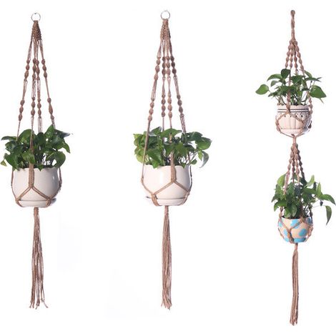 Lot de 3 suspensions pour plantes en corde de coton – Support de pot de fleurs style bohème macramé – Cache-pot suspendu tressé pour intérieur et extérieur, balcon, plafond et mur (1/5)