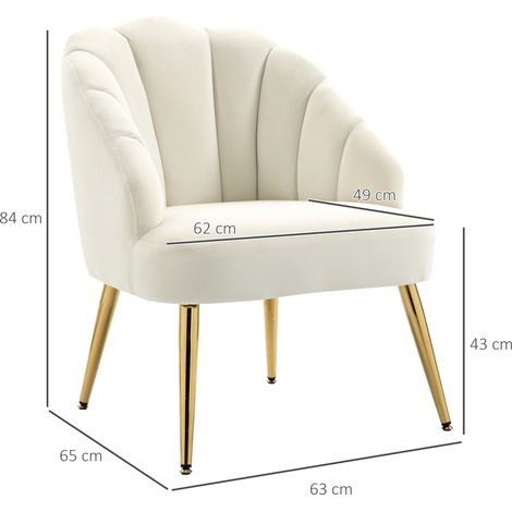 Fauteuil recouvert de velours, dossier en coquillage, pieds en acier, pour chambre ou salon, 63 x 65 x 84 cm, couleur crème (1/5)
