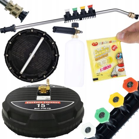Set di Accessori per Idropulitrice – Spazzola T-Racer 15", Lancia 1/4" con 5 Ugelli, Schiumogeno 1000ml, Polvere Schiumogena 6g  Alta Pressione, Compatibile con Kärcher