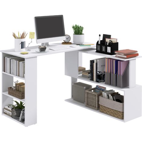HOMCOM Corner Computer Desk with Rotating Design and Bookshelf, White