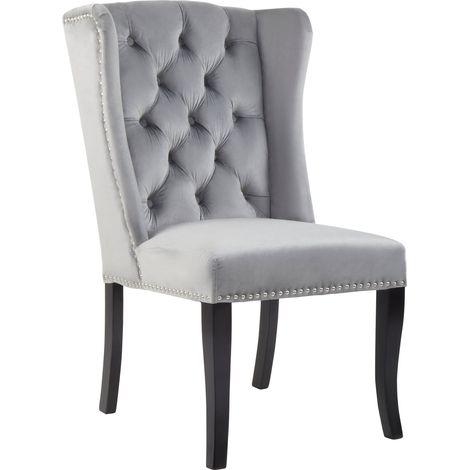 Premier Housewares Grey Buttoned Dining Chair/ Antique Rubberwood Legs Chairs For Bedroom Grey Velvet Upholstery Button Tufted Detail / Wingback 70 x 105 x 64 (1/5)