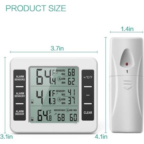 ZVD – Thermomètre sans fil pour réfrigérateur et congélateur – 2 capteurs – Alarme sonore Min/Max – Plage -40 à 60 °C (1/4)