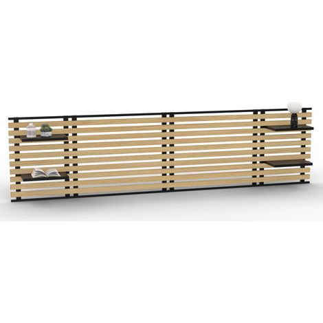 Idmarket – Tête de lit suspendue en lattes 240 cm – Métal noir et bois – 4 étagères modulables – Design industriel pour lit 140/160 cm