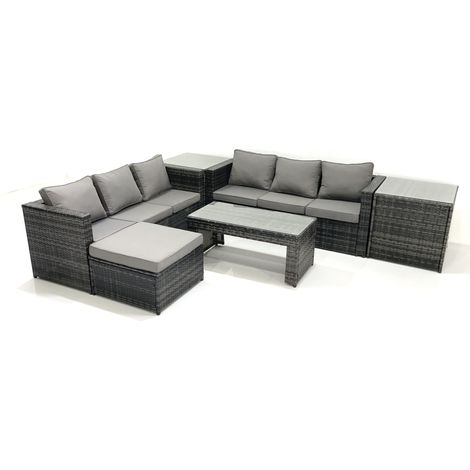 Fimous Garden Outdoor Rattan Furniture Set with Sofa Coffee table Big Footstool 2 Side Tables Dark Grey Mixed (1/5)