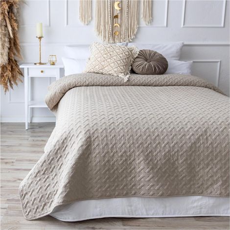 Couvre-lit 220 x 240 cm - Beige lin - Jeté de lit - Jeté de canapé - Couverture de lit XXL - Couvre-lit matelassé (1/5)