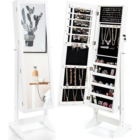 Armoire à bijoux blanche sur pied en MDF avec miroir pleine hauteur réglable et rangement verrouillable pour chambre et dressing (1/5)