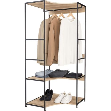 Vestidor Esquinero Abierto Lofi de Dormitorio 2 Estantes y Barra Roble Cambrian y Negro 80x175x80 cm