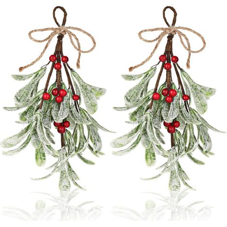 2 pièces - Décoration de gui de Noël - Gui artificiel - Branches de gui - avec baies rouges et nœud - Décoration murale - Décoration de porte - Décoration de sapin de Noël - Décoration de porche - Déc (1/5)