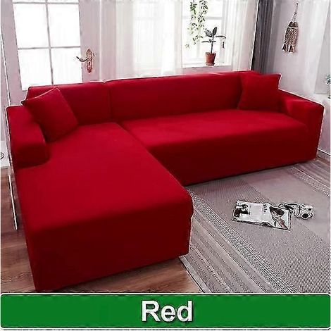 Housse de canapé unie pour salon, housse de canapé d'angle élastique en forme de L (2 places, 140-185 cm, rouge) (1/5)