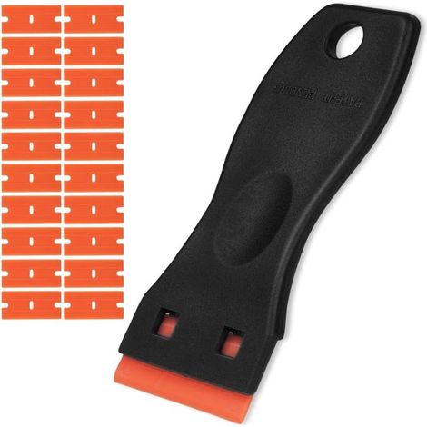 Grattoir Noir Orange, Grattoir Vitre avec 20 Pièce Lames de Rechange, Grattoir Plaque Vitrocéramique pour Élimination de L'adhésif, Peinture, Décalcomanies des Portes Vitres Fenêtres (1/5)