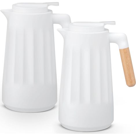 2 termos de 1 litro - Doble pared con aislamiento al vacío - Revestimiento de vidrio - Asa de madera - Mantiene las bebidas calientes o frías - Ideal para café y té - 2 piezas (1/5)