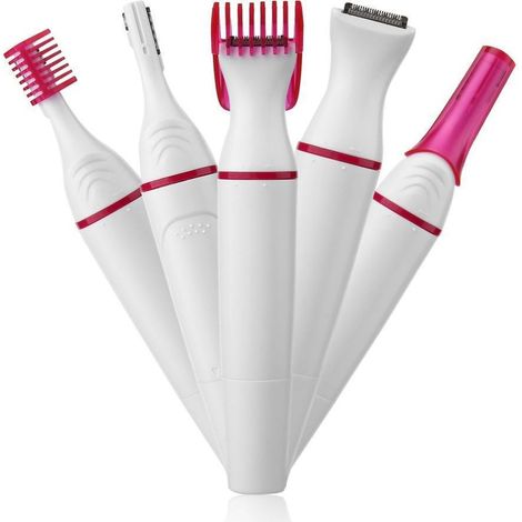 Épilation électrique 5-en-1 et tondeuse à sourcils, rasoir multifonctions pour le visage, le corps et le bikini, blanc-rose (1/5)