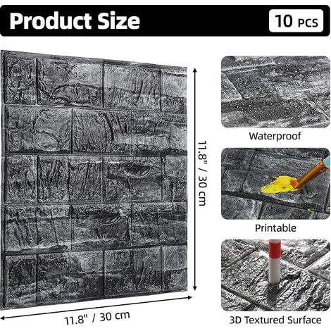 Stickers Mur 3D 30 x 30 cm - Carreaux muraux en PVC avec film en aluminium, imperméable et amovible, Décoration murale pour cuisine, salle de bains et salon, noir (1/4)