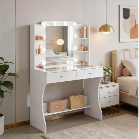 Schminktisch mit LED-Spiegel 80x135x40 cm Weiß OKMYHOME (1/5)