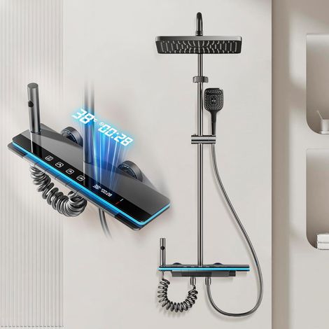 Ensemble de Douche avec Affichage Digital, Colonne de Douche avec Mitigeur Touches Piano, Pistolet Haute Pression et Tête de Pluie, Hauteur Réglable 65-105cm, Gris (1/5)