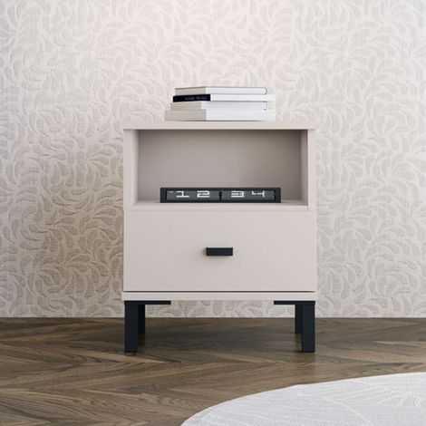 Comodino Ghadam, un Cassetto, 2 Ripiani, Apertura Scorrevole, 39x35x45h cm Bianco Crema (1/5)