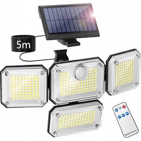 Lámpara solar para exteriores，foco de seguridad LED impermeable IP65，3 modos de iluminación，4 cabezales de lámpara ajustables (1/2)