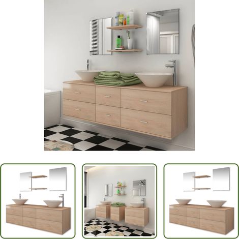 vidaXL Miroir de salle de bain - Meuble de salle de bain 9 pcs avec lavabo et robinet Beige (1/5)