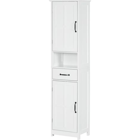 Colonne de salle de bain avec 2 portes, 1 tiroir, une étagère ouverte et 2 placards avec étagère réglable, 40 x 30 x 164 cm, blanche