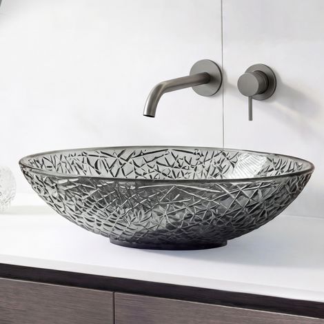 Doporro – Vasque à poser en verre gris ovale 50,5x36x15,5 cm – Lave-mains sans trop-plein – Installation sur plan de vasque - Minerva05