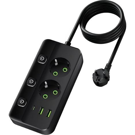 5-in-1 Mehrfachsteckdosenleiste mit Schalter,2 Steckdosen,3 USB-C- und USB-A-Anschlüsse,2 Meter Verlängerungskabel,geeignet für Zuhause (1/5)