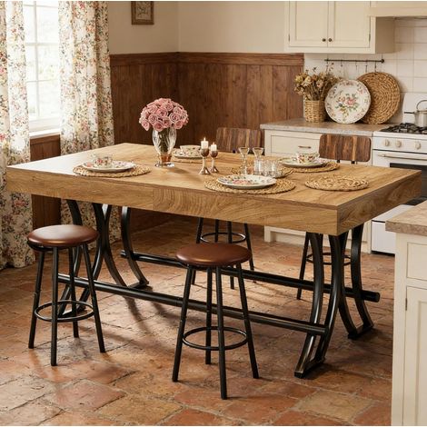 Mesa alta de comedor 160x90 cm negra y marrón en MDF y metal con reposapiés (1/5)