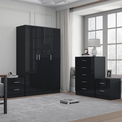 Reflect 3 Door Plain Wardrobe, 5 Drawer Chest, 2x 2 Drawer Bedsides - Black Gloss & Black Oak - Modern Bedroom Furniture Set
