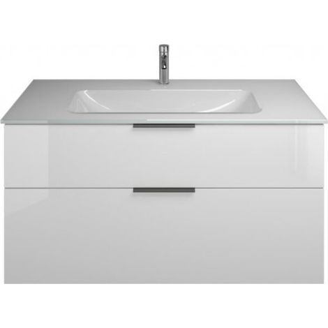 Burgbad Eqio Glas-Waschtisch mit Unterschrank, 2 Auszüge und Griffleiste Weiß Hochglanz/Alpinweiss 122 cm Schwarz matt (1/2)