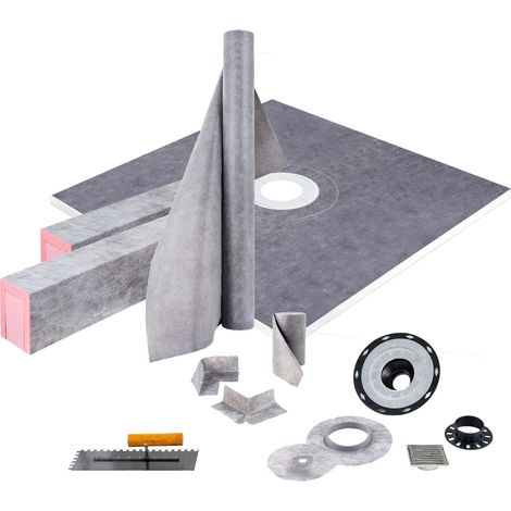 Kit de Rehausseur de Douche, 121,9 x 121,9 cm, Étanche avec Bride Centrale ABS 10,2 cm, Grille Inox 10,2 cm, 2 Rehausseurs Découpables et Truelle, Pentes pour Receveur (1/5)