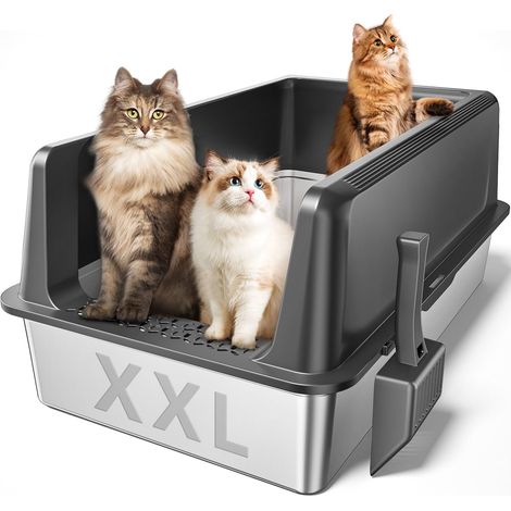 Litière pour chat en acier inoxydable avec couvercle - 70,6 x 50,8 x 33 cm (L x l x H) - Bac à litière pour chat - En acier inoxydable - Pour grands chats à bord haut - Gris - Non collant (1/5)