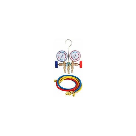 Set di manometri per collettore di refrigerante R12, R22, R404A e R134A, completo di tubo flessibile e gancio.