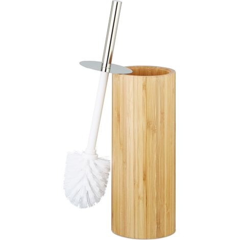Relaxdays Bamboo WC Brush Holder and Brush, Round Stand, Wooden Toilet Bathroom Butler H x Dia: 37.5 x 10.5 cm, Natural