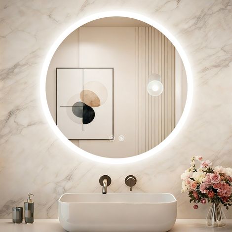 LUVODI - HD Miroir rond lumineux de salle de bain 60×60cm - Anti-buée - 3 Couleurs de lumière - LED Dimmable - Fonction mémoire - IP66