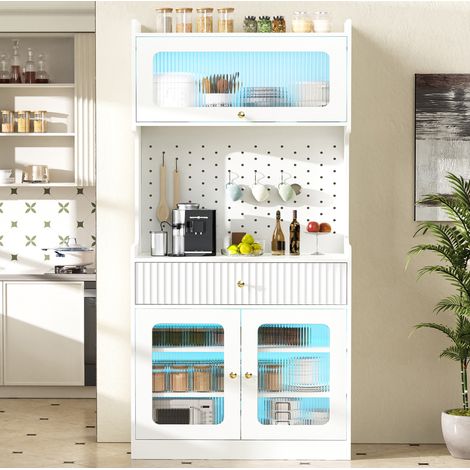 Highboard mit verstellbaren Regalböden und Schubladen, Küchenschrank mit LED-Beleuchtung und Riffelglas , Ideal für Esszimmer, Wohnzimmer und Küche (Weiß) (1/5)