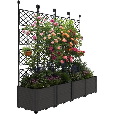 Bac à Fleurs Surélevé avec Treillis, Jardinière Modulaire 4 Pièces, Support pour Plantes Grimpantes, Brise-vue et Mur Végétal (1/5)