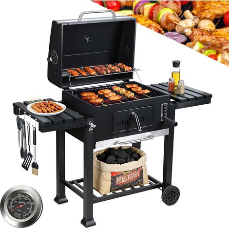 Randaco Holzkohlegrill Grillwagen Temperaturanzeige Standgrill mit zwei klappbaren Seitenablagen, Schwarz