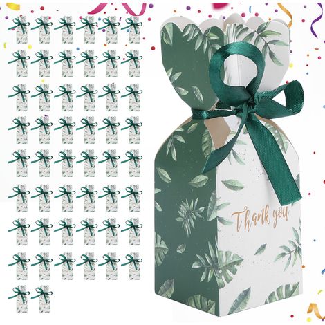 50 boîtes à dragées pour mariage, emballage cadeau pour invités, boîtes cadeaux d'anniversaire avec ruban et feuilles vertes (1/5)